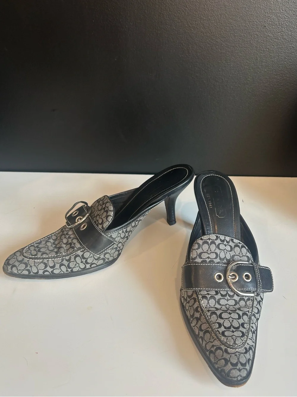 Vintage Coach Monogram Mules Pointed Toe Kitten Heel Buckle Clasp Black Gray Y2K